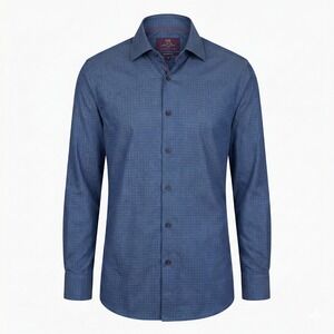 Hawes & Curtis Brandon Slim Fit Shirt Mens L Blue Dobby Dress‎ Red Stitch Button